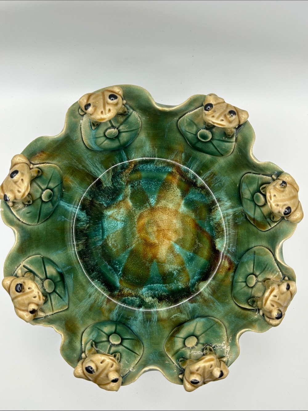 VTG Majolica Frog Bowl Planter 8 Frogs Lily Pads Ceramic Toad 7โ